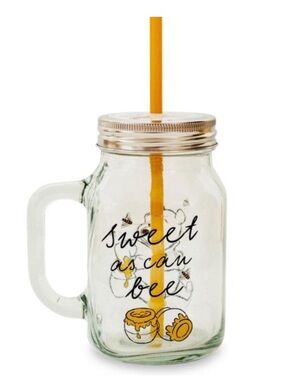 Pooh Bear “Sweet As Can Bee” Glass Mason Jar Tumbler w/Yellow Straw